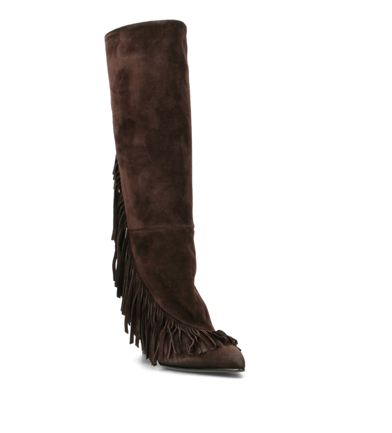 STRATEGIA Stivale donna ebano in suede con frange