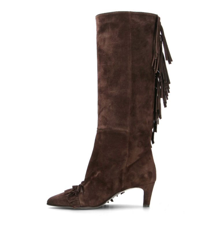STRATEGIA Stivale donna ebano in suede con frange