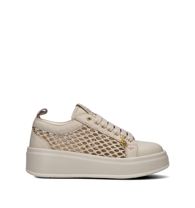 GIO+ Sneaker donna beige in pelle e materiale sintetico. Caratterizzato da pannelli laterali lavorat